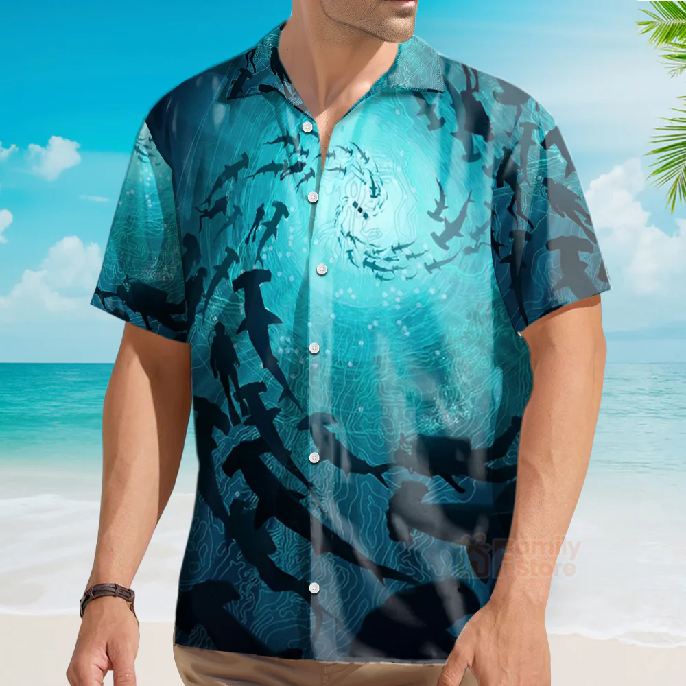 Ocean Themed Marine Life Shark - Chest Pocket Short Sleeve Hawaiian Shirt - Image 4