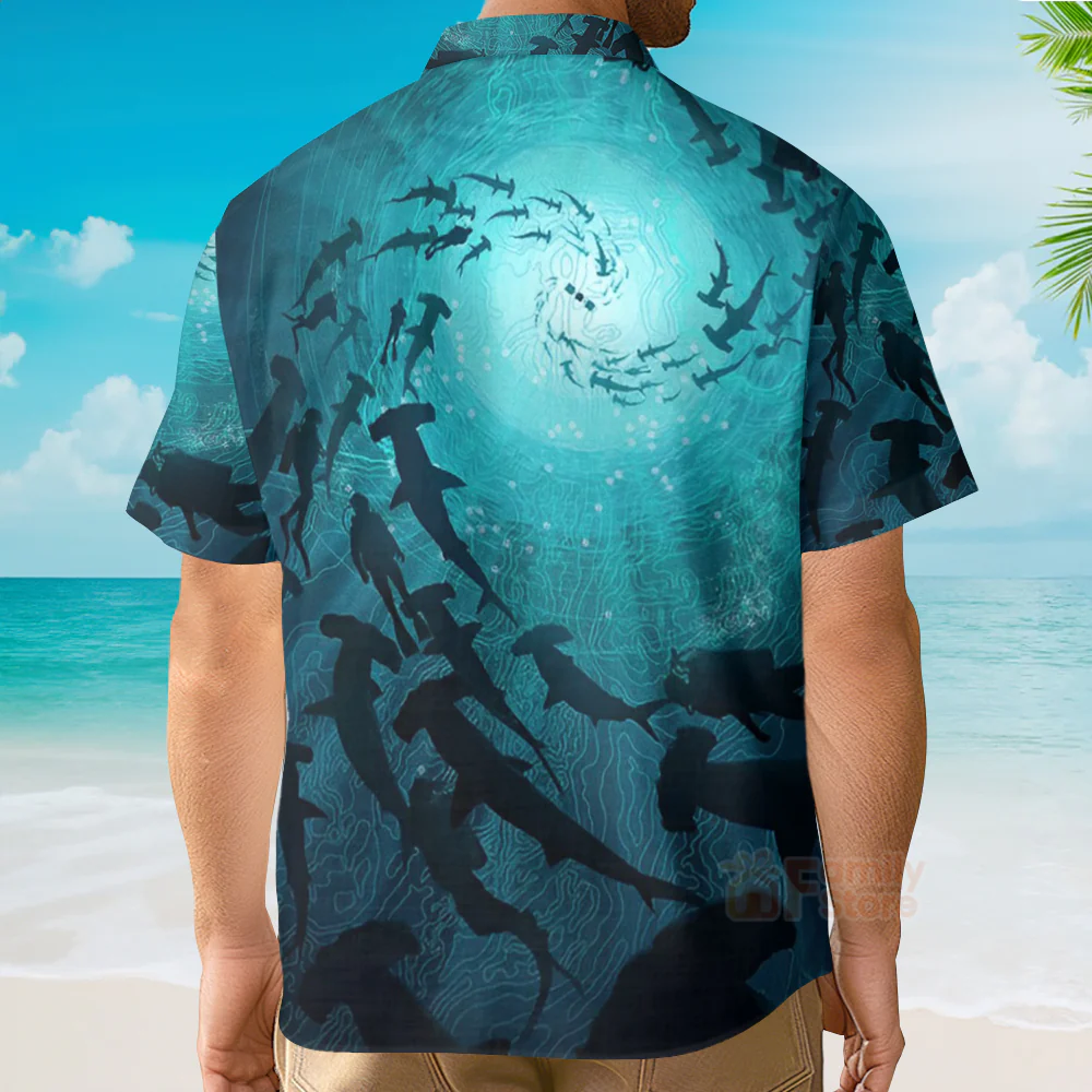 Ocean Themed Marine Life Shark - Chest Pocket Short Sleeve Hawaiian Shirt - Image 5