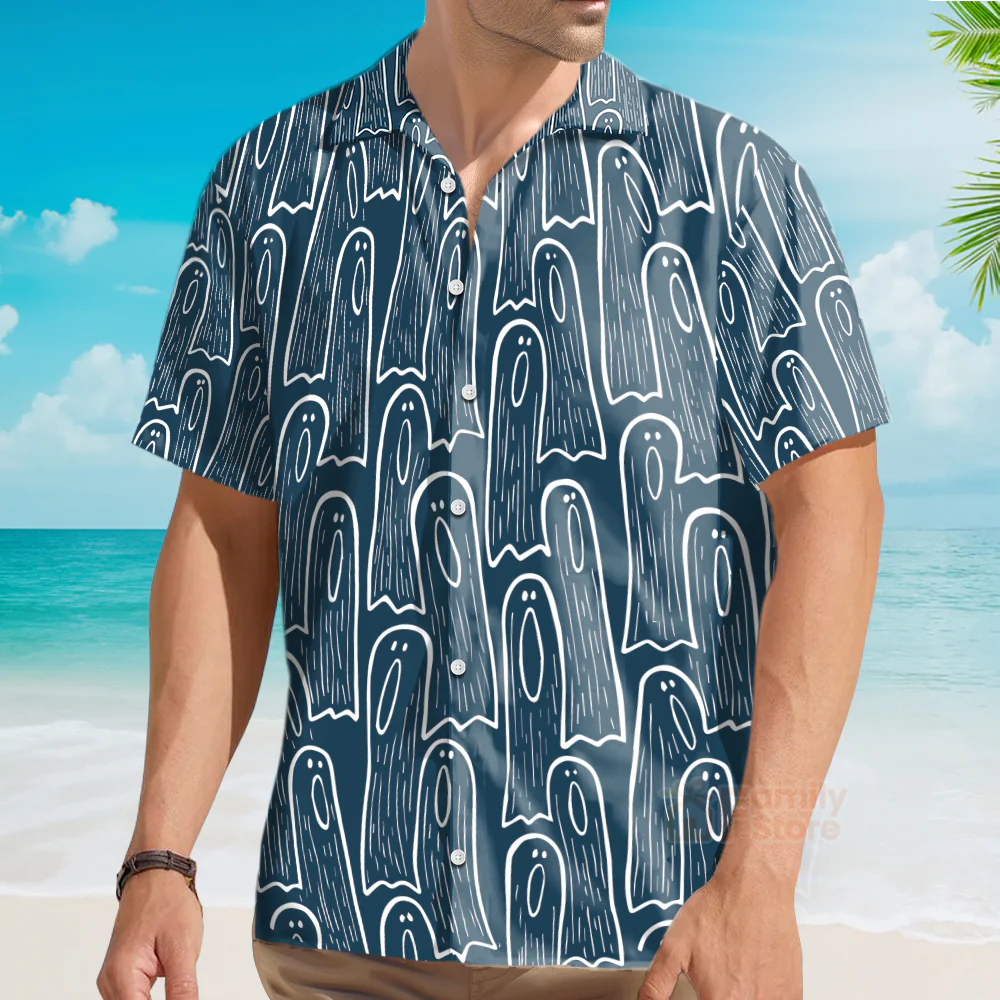 Men's Hawaiian Shirts Halloween Ghost Print Short Sleeve Shirt - Image 11