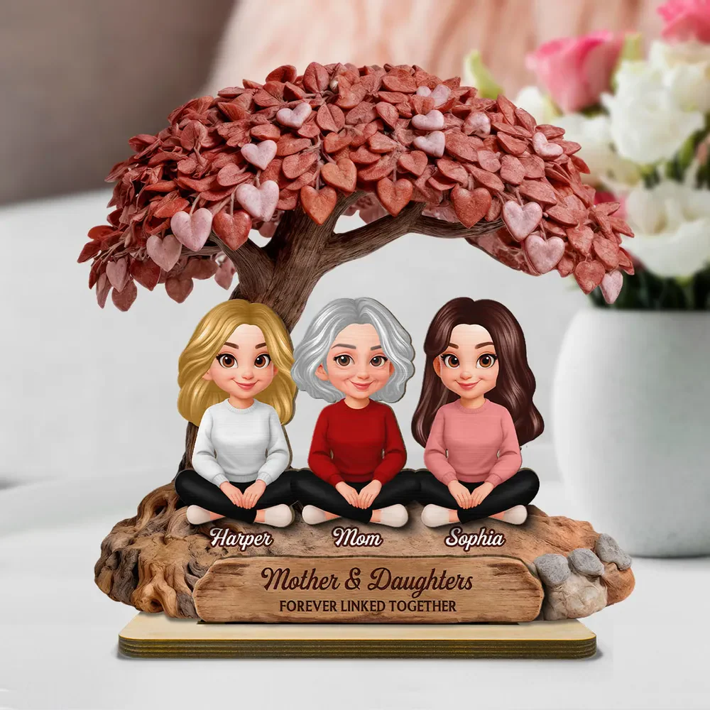 Mom And Daughter Son Under Heart Tree - Personalized Wooden Plaque - Gift For Mom, Grandma | GR25 HN02