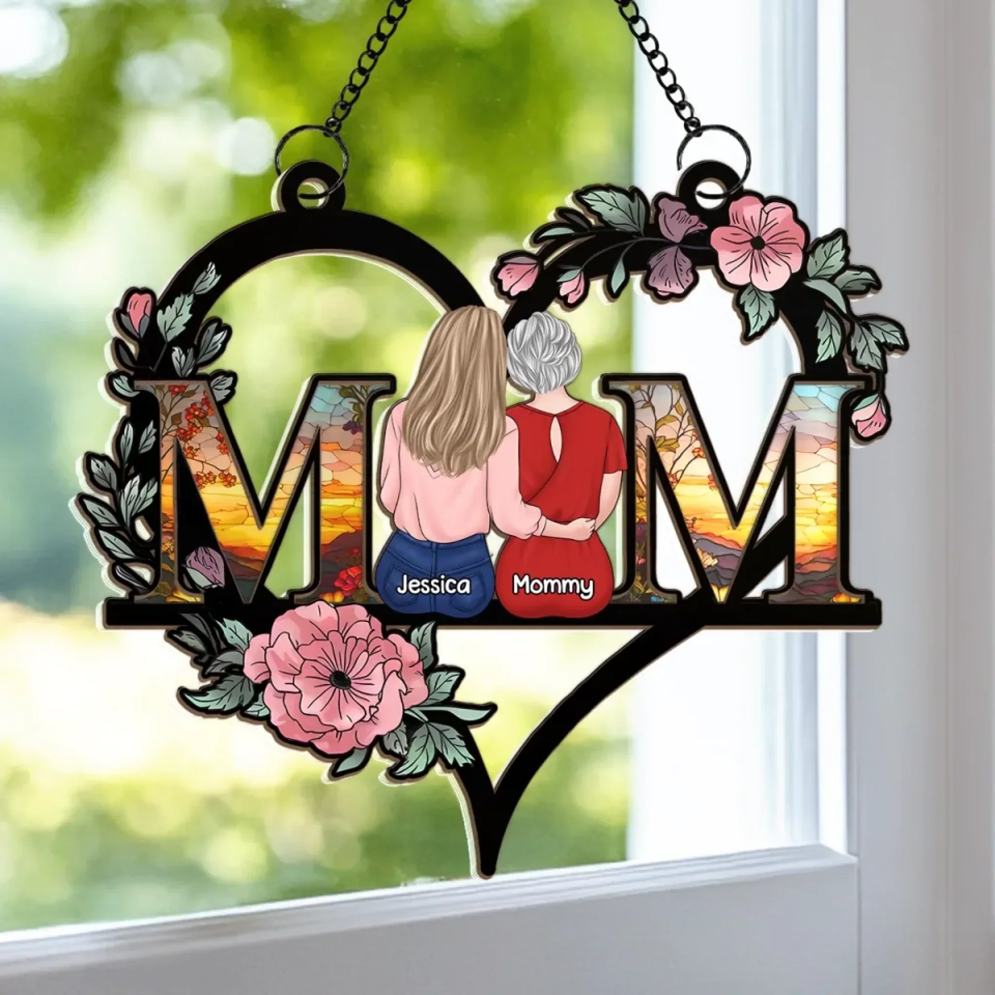 Mom, Forever In My Heart - Personalized Window Hanging Window Hanging Suncatcher Ornament - Gift For Mom, Grandma, Mother's Day | GR24 NA94
