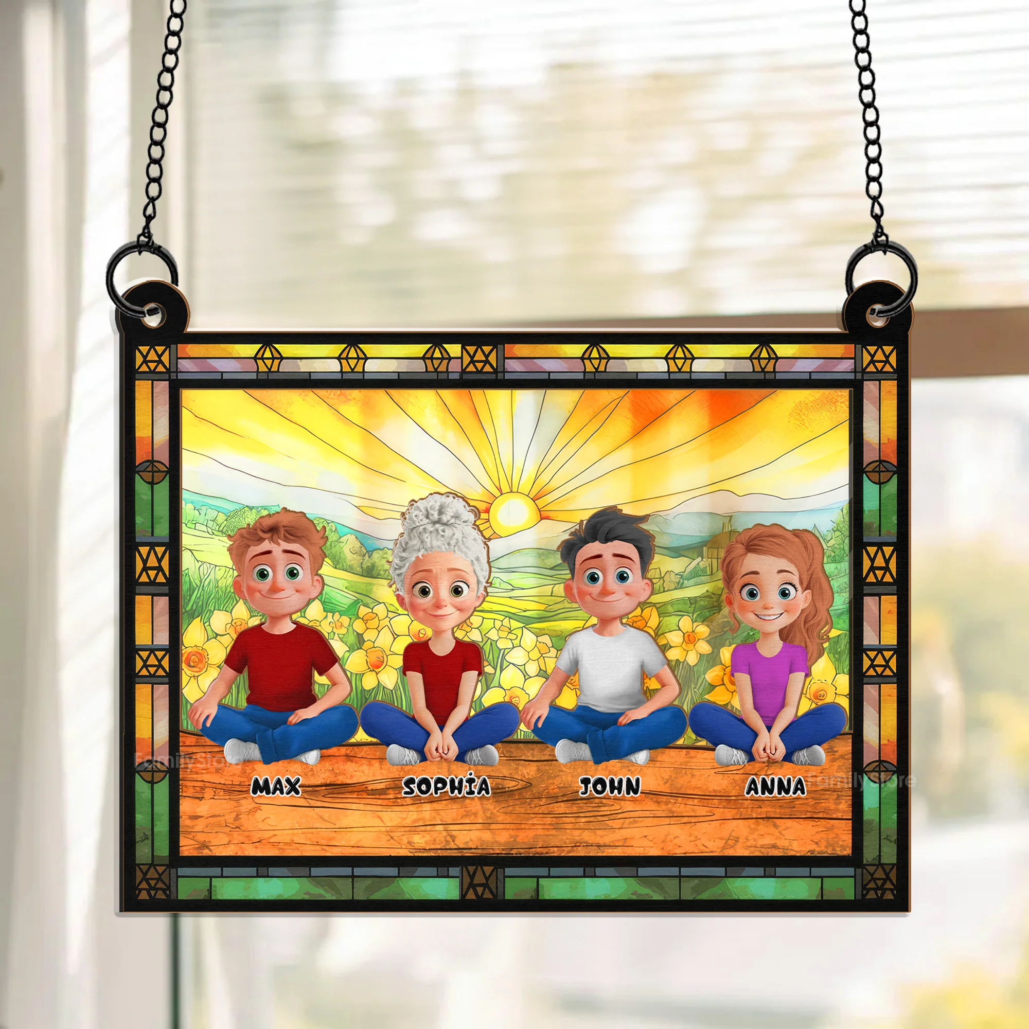 Mom Sitting With Children In The Garden - Personalized Window Hanging Window Hanging Suncatcher Ornament - GIft For Mom, Mother's Day | GR25 NA94