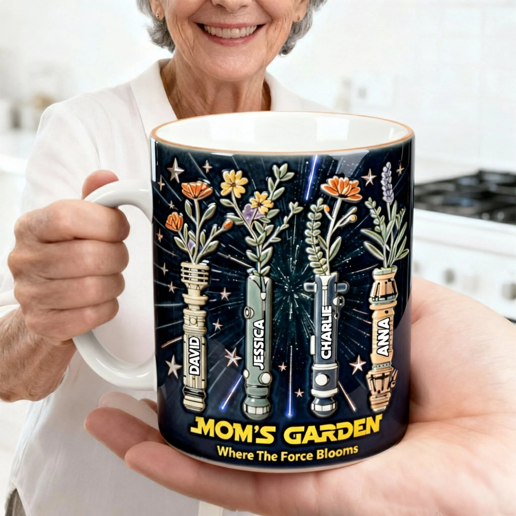 Mom's Floral Garden In Space - Personalized White Mug - Gift For Mom, Grandma - Image 2
