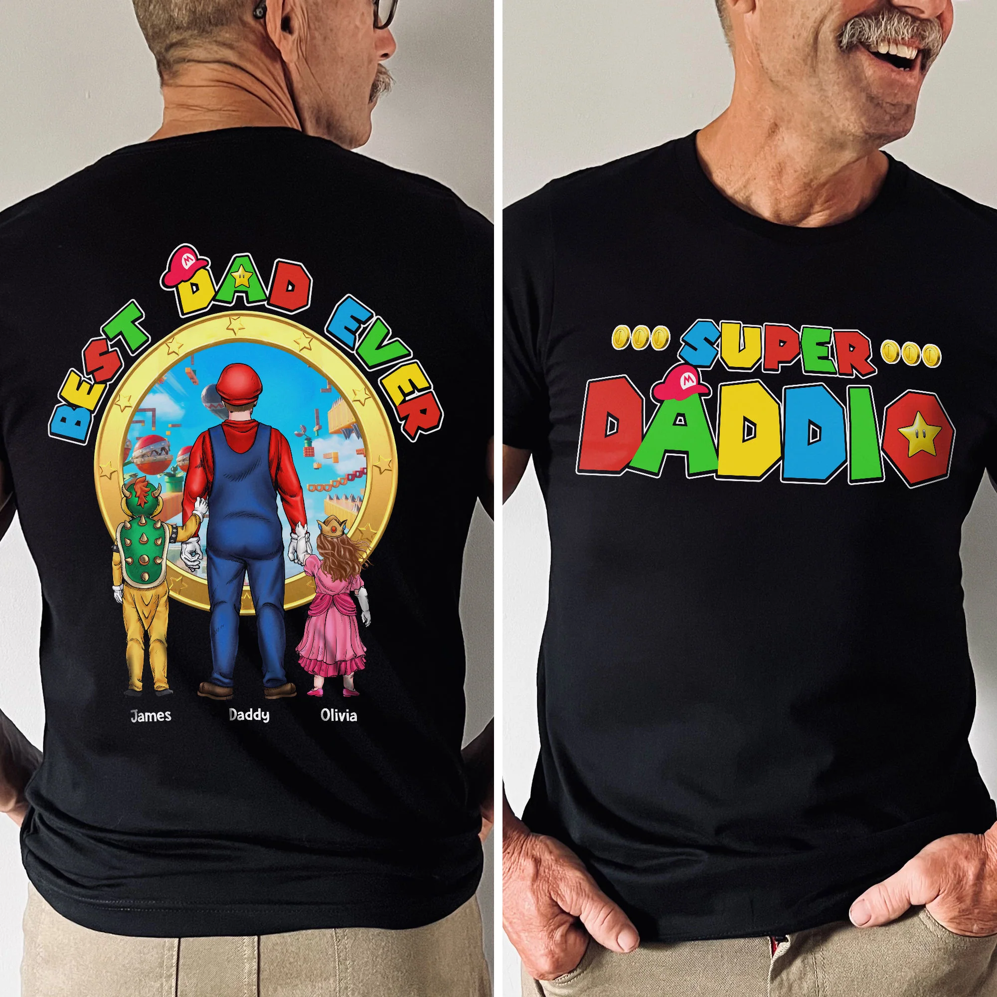 Mrio Super Daddio Best Dad Ever - Personalized Shirt 2 Side - Gift For Dad, Father's Day
