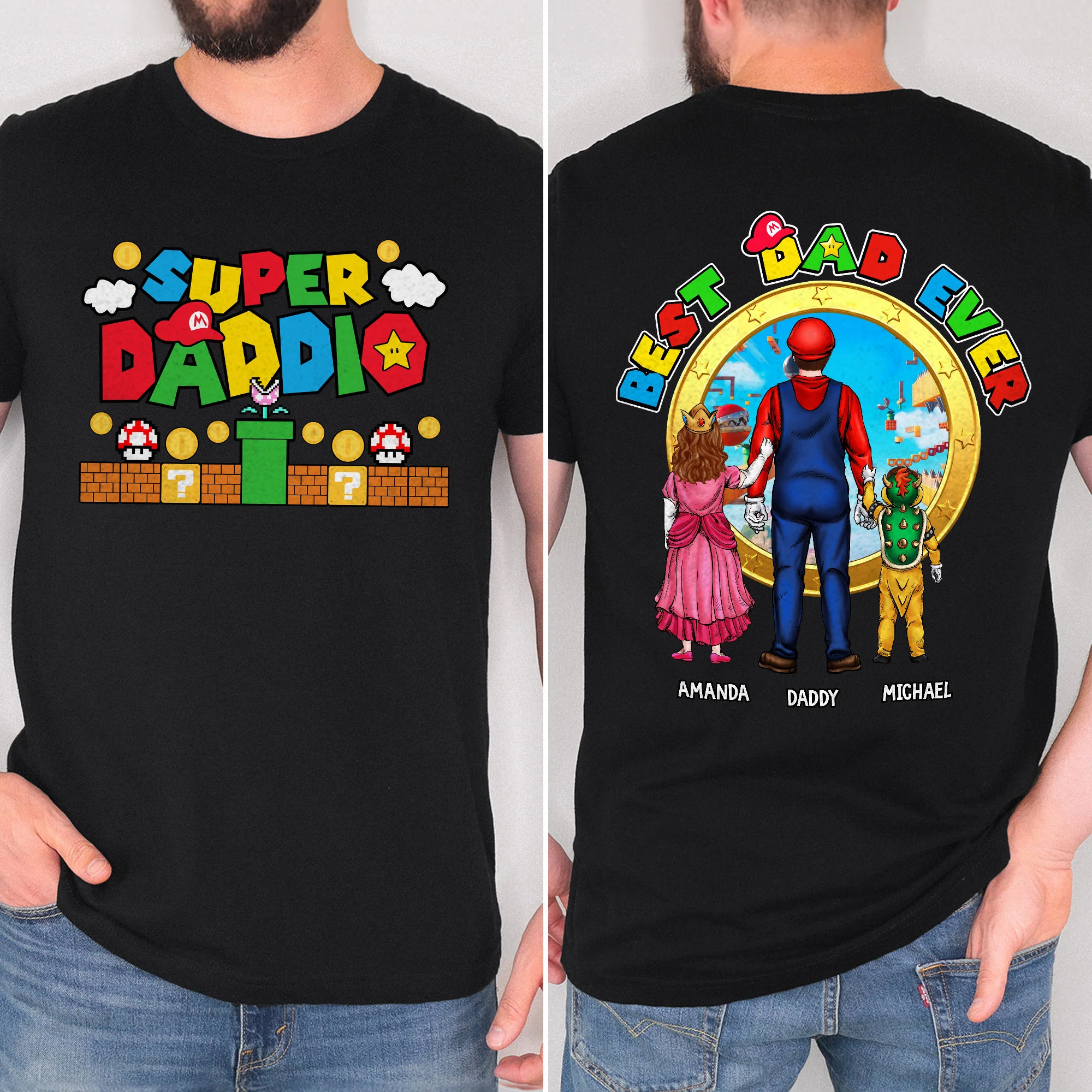 Mrio Super Daddio Gaming Best Dad Ever - Personalized Shirt 2 Side - Gift For Dad