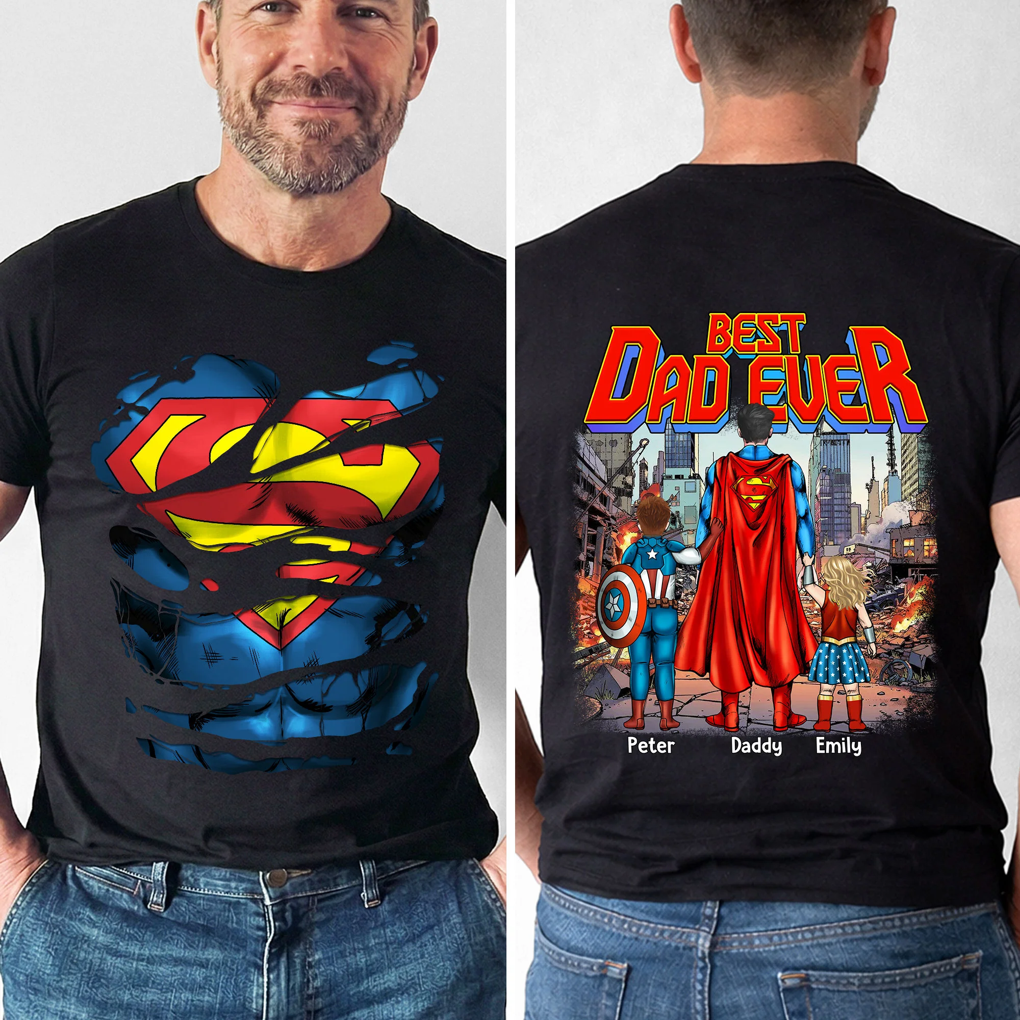 MRVL Best Dad Ever Super Hero Comic Style -Personalized Shirt 2 Side - Gift For Dad