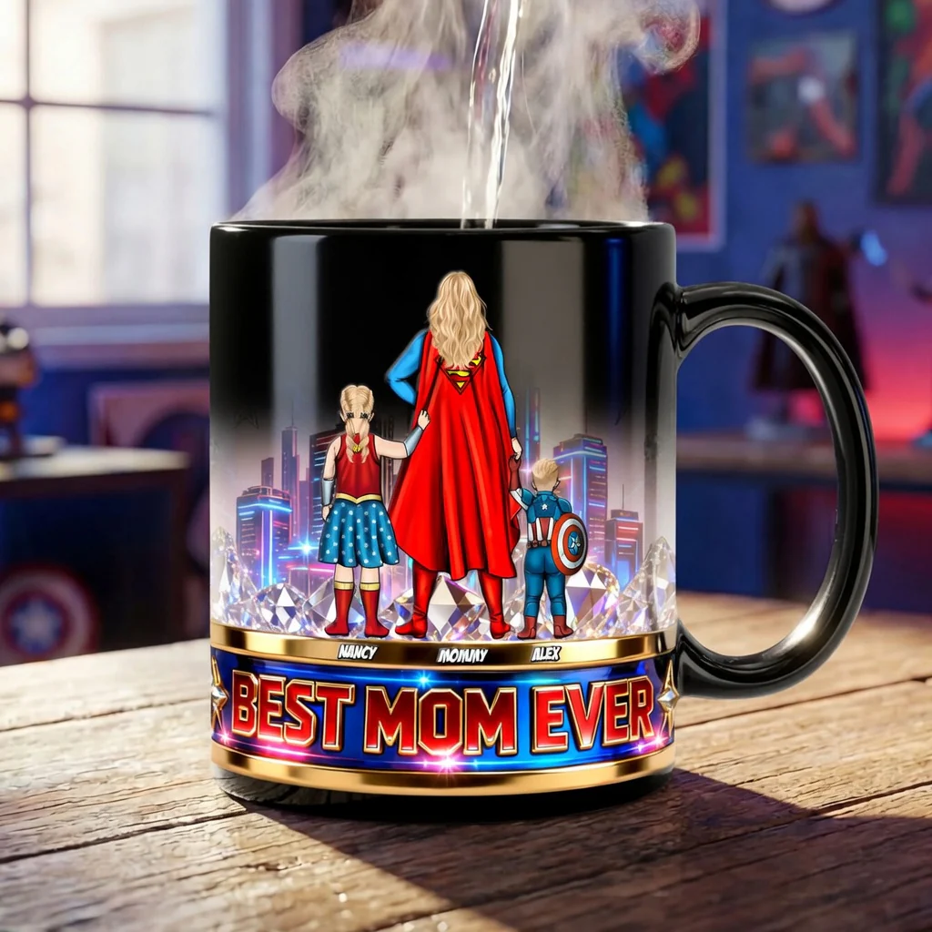 MRVL Powerful Mom And Kids Magic - Personalized Black Mug - Gift For Mom