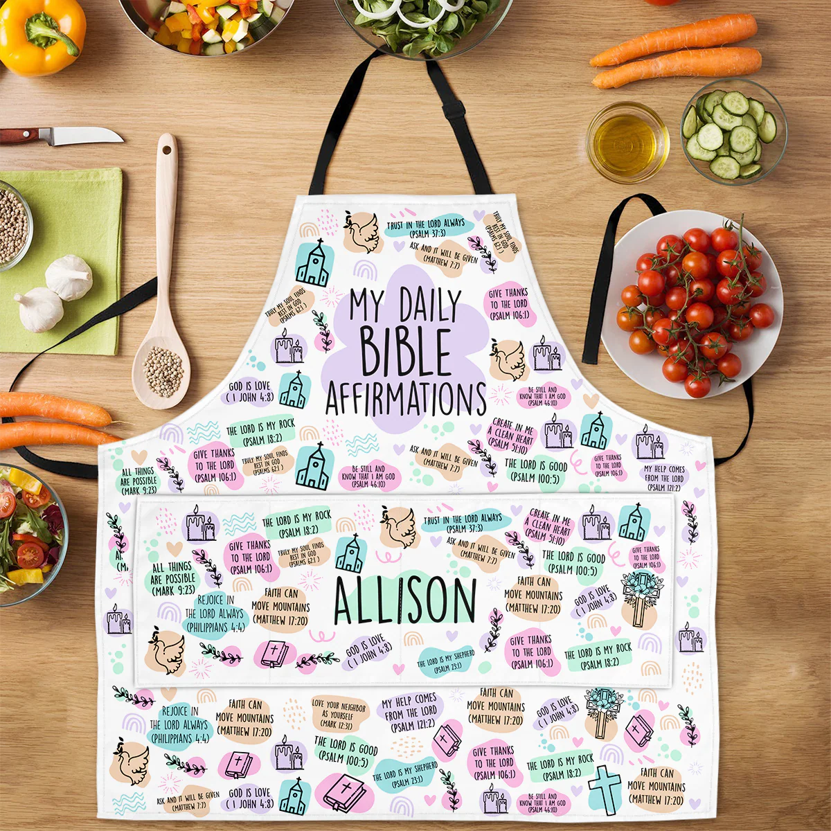 My Daily Bible Affirmations - Personalized Apron With Pocket - Christant Gift for Grandma