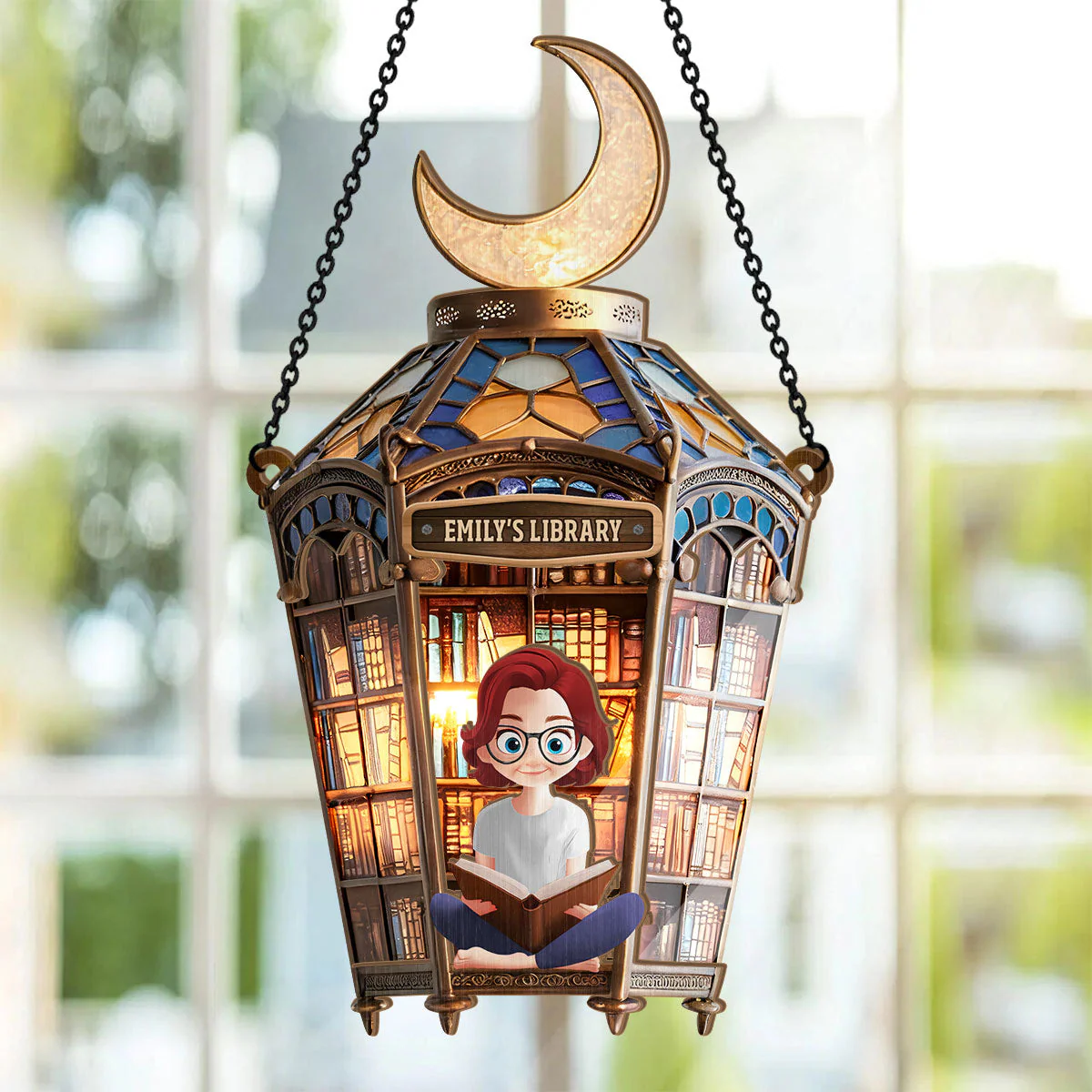 My Moon Old Library - Personalized Suncatcher - Gift For Book Lovers, Her | CLB2 HH01