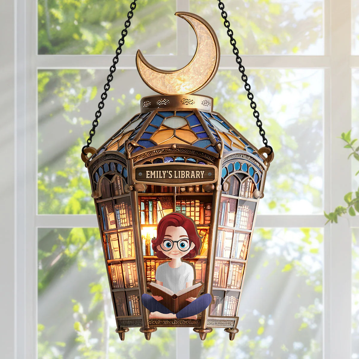 My Moon Old Library - Personalized Suncatcher - Gift For Book Lovers, Her | CLB2 HH01 - Image 2