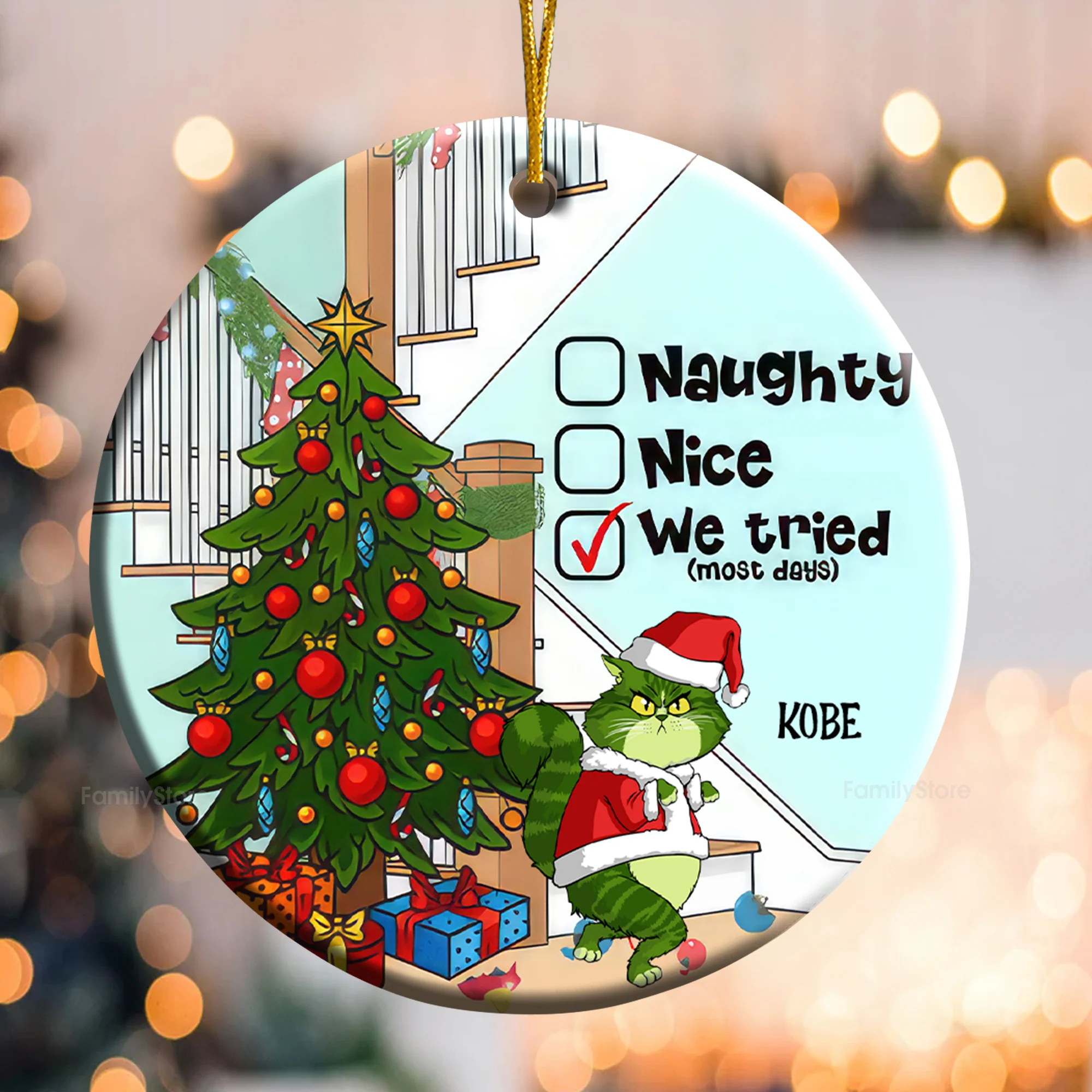 Naughty Nice I Tried (Most Days) Grinch Cats- Gift For Cat Lover, Pet Lovers - Personalized Ceramic Ornament - CL16 NH96 - Image 2