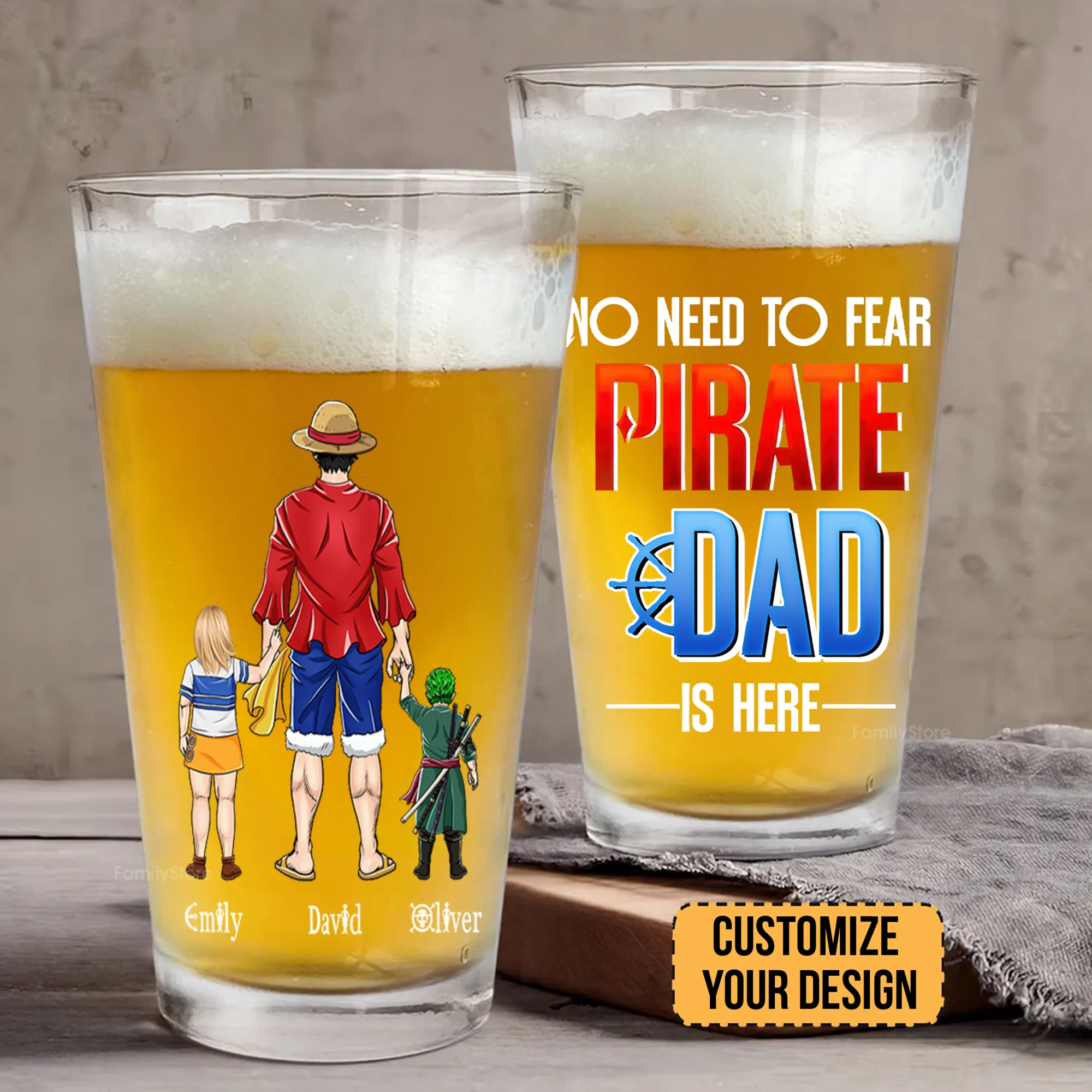 OnPi Pirate Adventure No Need To Fear Pirate Dad Is Here - Personalized Beer Glass - Gift for Dad, Grandpa, Husband