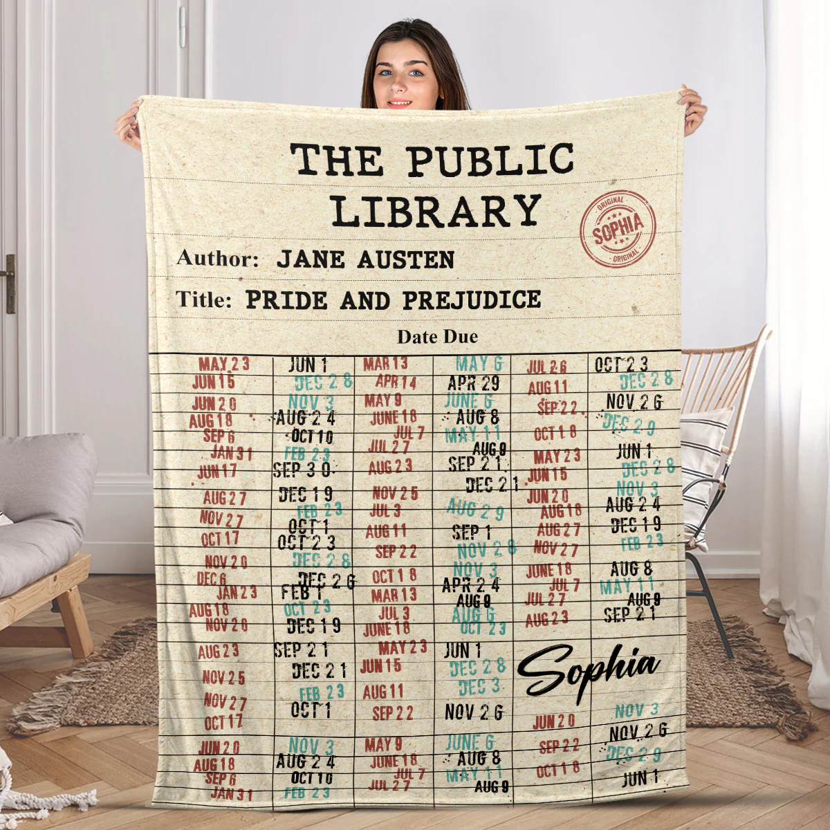 Nostalgic Library Due Date Card - Personalized Blanket - Gift For Reader, Book Lover | HH01