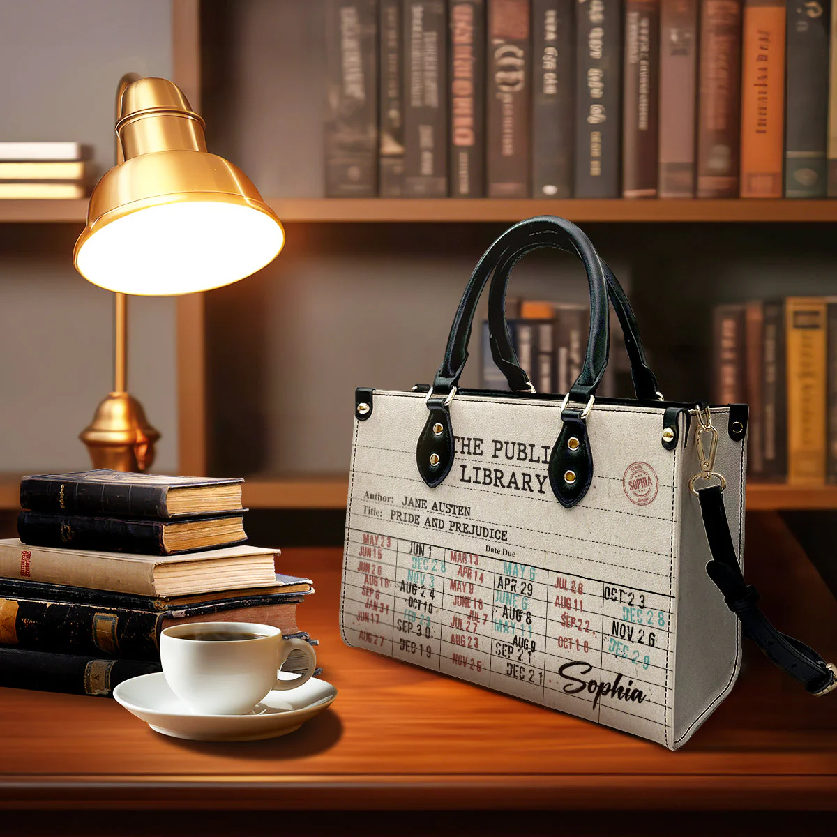 Nostalgic Library Due Date Card - Personalized  Leather Handbag - Gift For Reader, Book Lover | HH01 - Image 3
