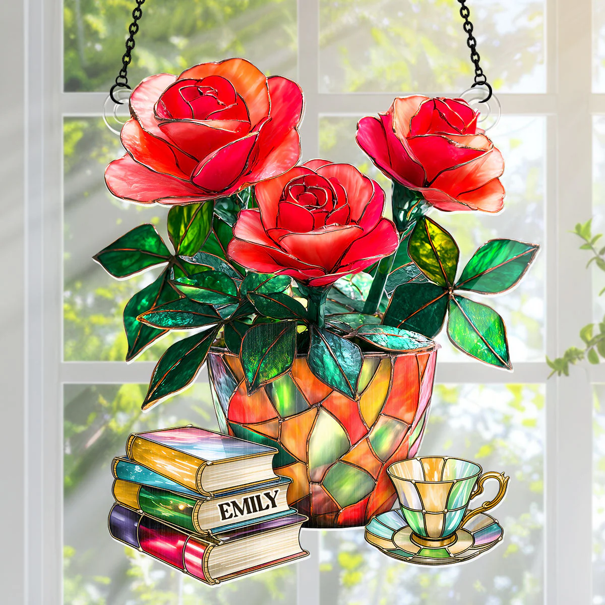 Nostalgic Roses, Books, And Tea - Personalized Window Hanging Suncatcher