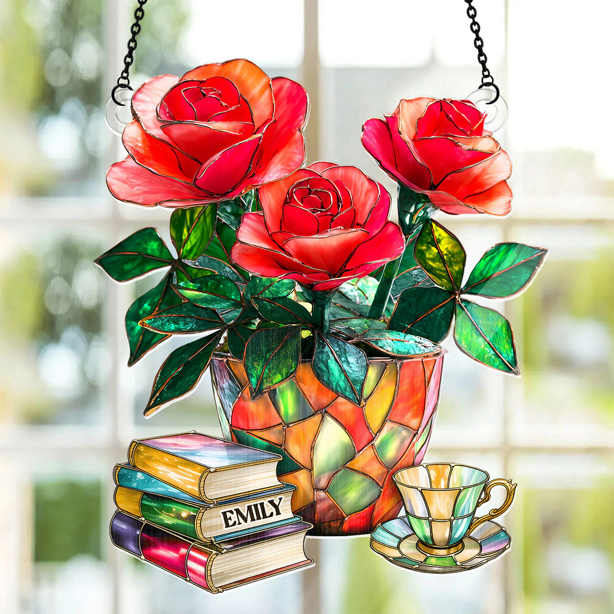 Nostalgic Roses, Books, And Tea - Personalized Window Hanging Suncatcher - Image 2