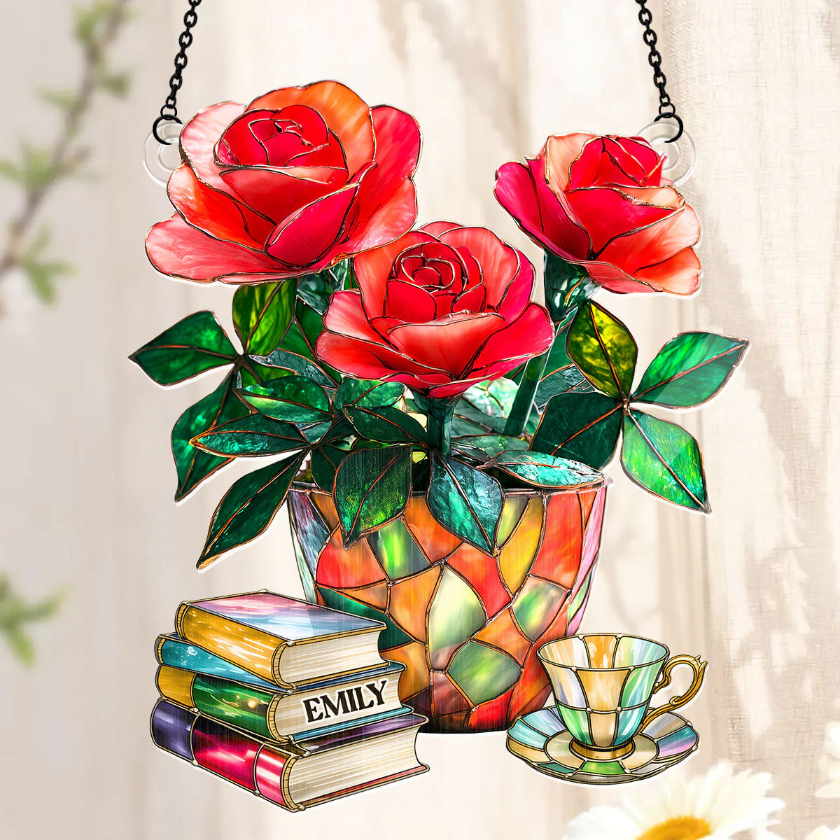 Nostalgic Roses, Books, And Tea - Personalized Window Hanging Suncatcher - Image 3