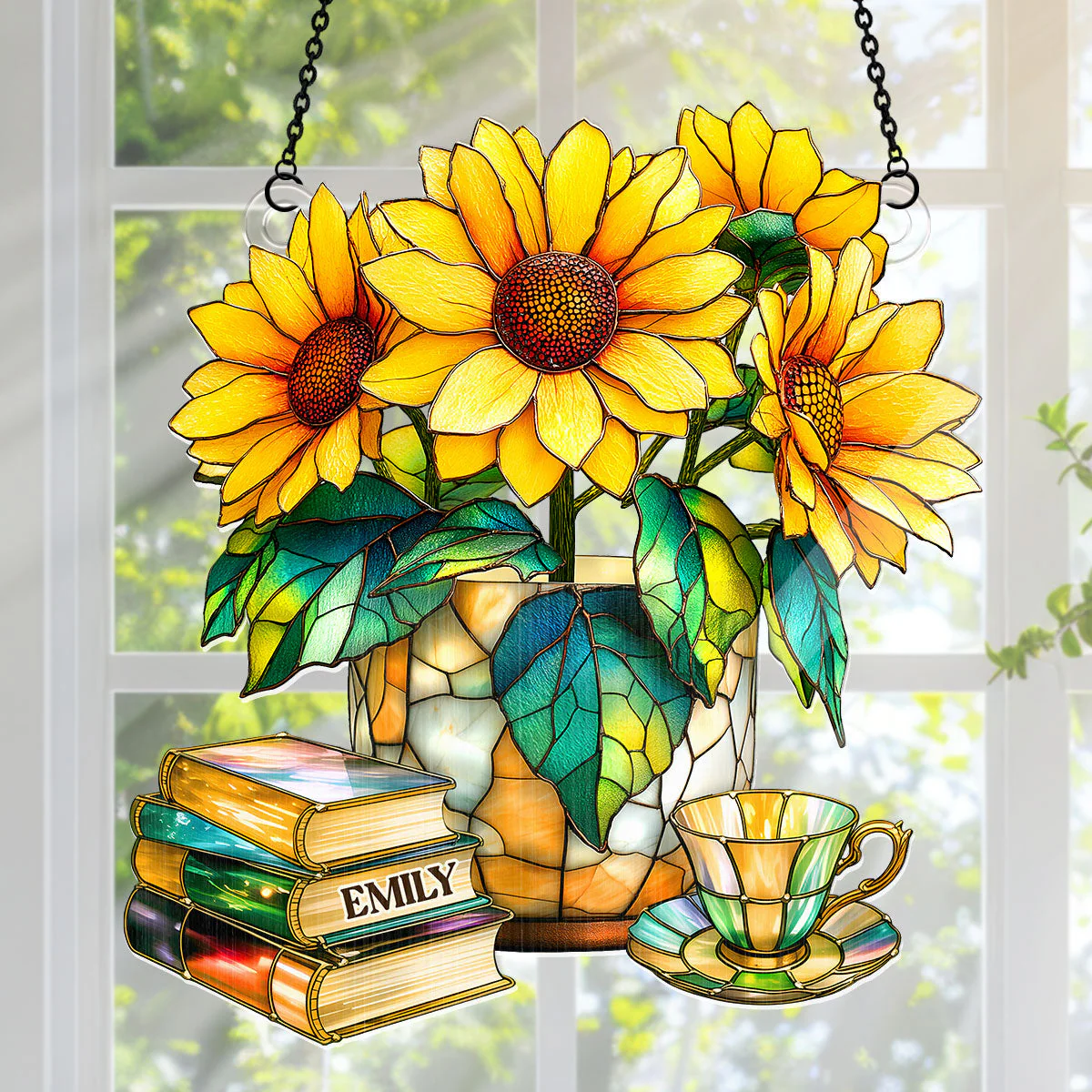 Nostalgic Sunflowers, Books, And Tea - Personalized Window Hanging Suncatcher
