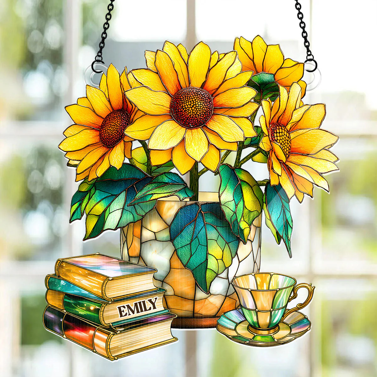 Nostalgic Sunflowers, Books, And Tea - Personalized Window Hanging Suncatcher - Image 2