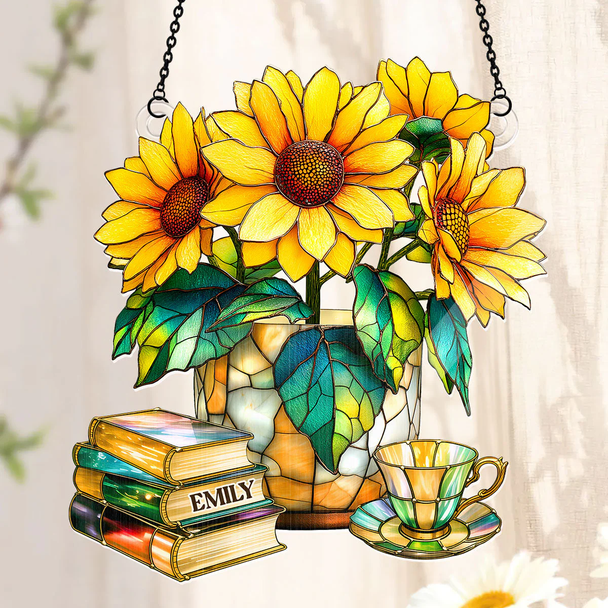 Nostalgic Sunflowers, Books, And Tea - Personalized Window Hanging Suncatcher - Image 3