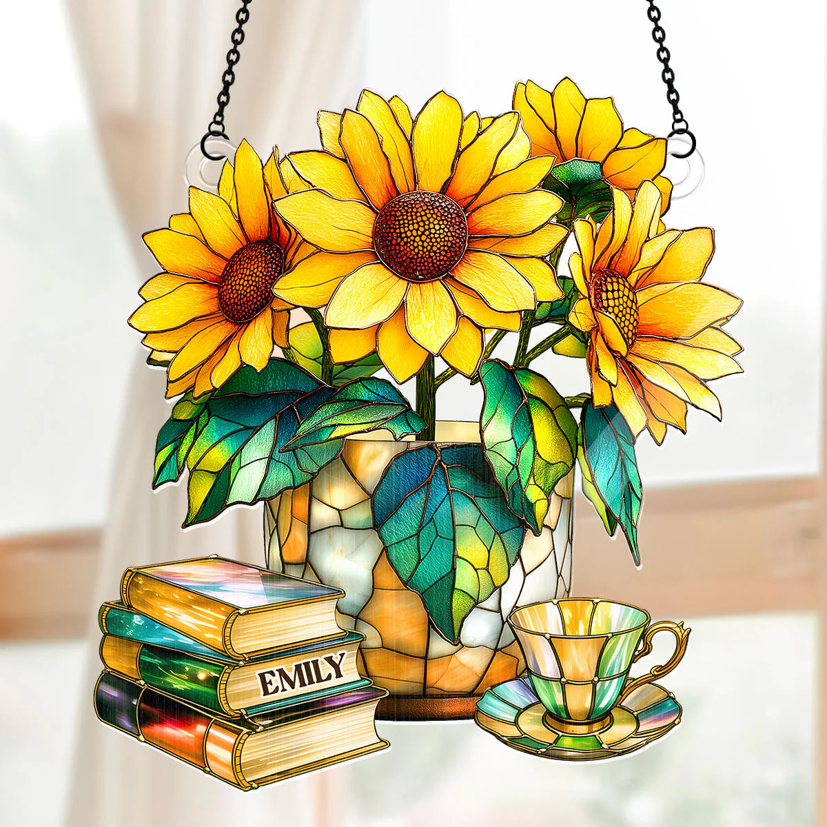 Nostalgic Sunflowers, Books, And Tea - Personalized Window Hanging Suncatcher - Image 4