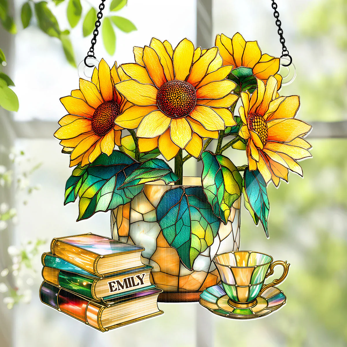 Nostalgic Sunflowers, Books, And Tea - Personalized Window Hanging Suncatcher - Image 5