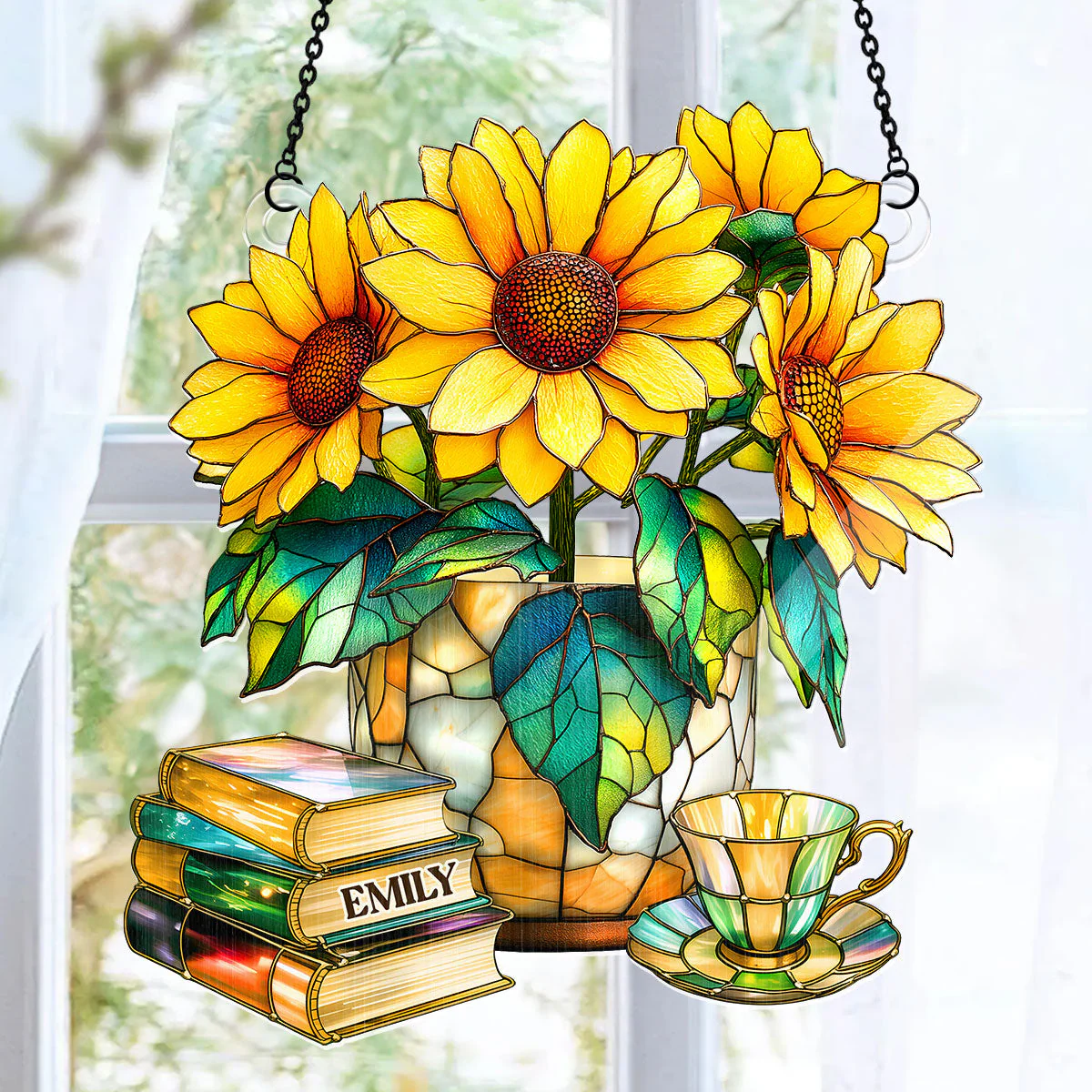 Nostalgic Sunflowers, Books, And Tea - Personalized Window Hanging Suncatcher - Image 6