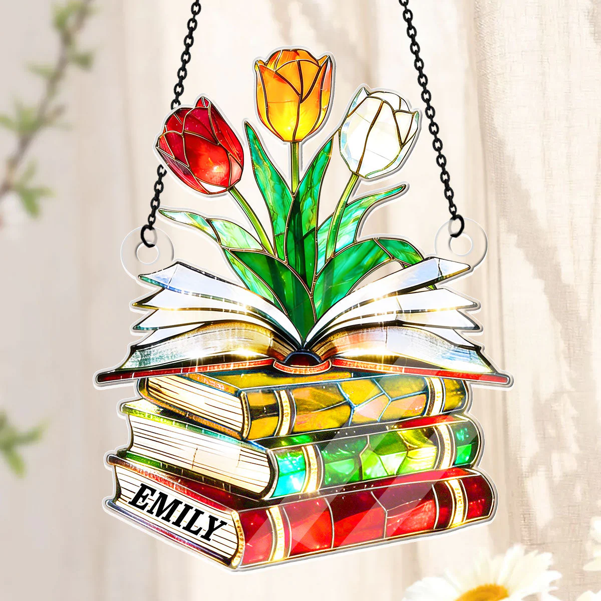 Nostalgic Tulips Book Lover - Personalized Acrylic Suncatcher - Gift For Her, Book Lovers HH01 - Image 4