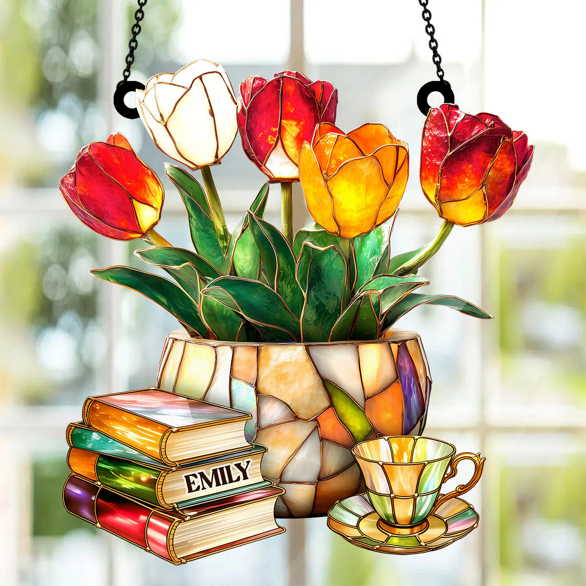 Nostalgic Tulips, Books, And Tea - Personalized Window Hanging Suncatcher