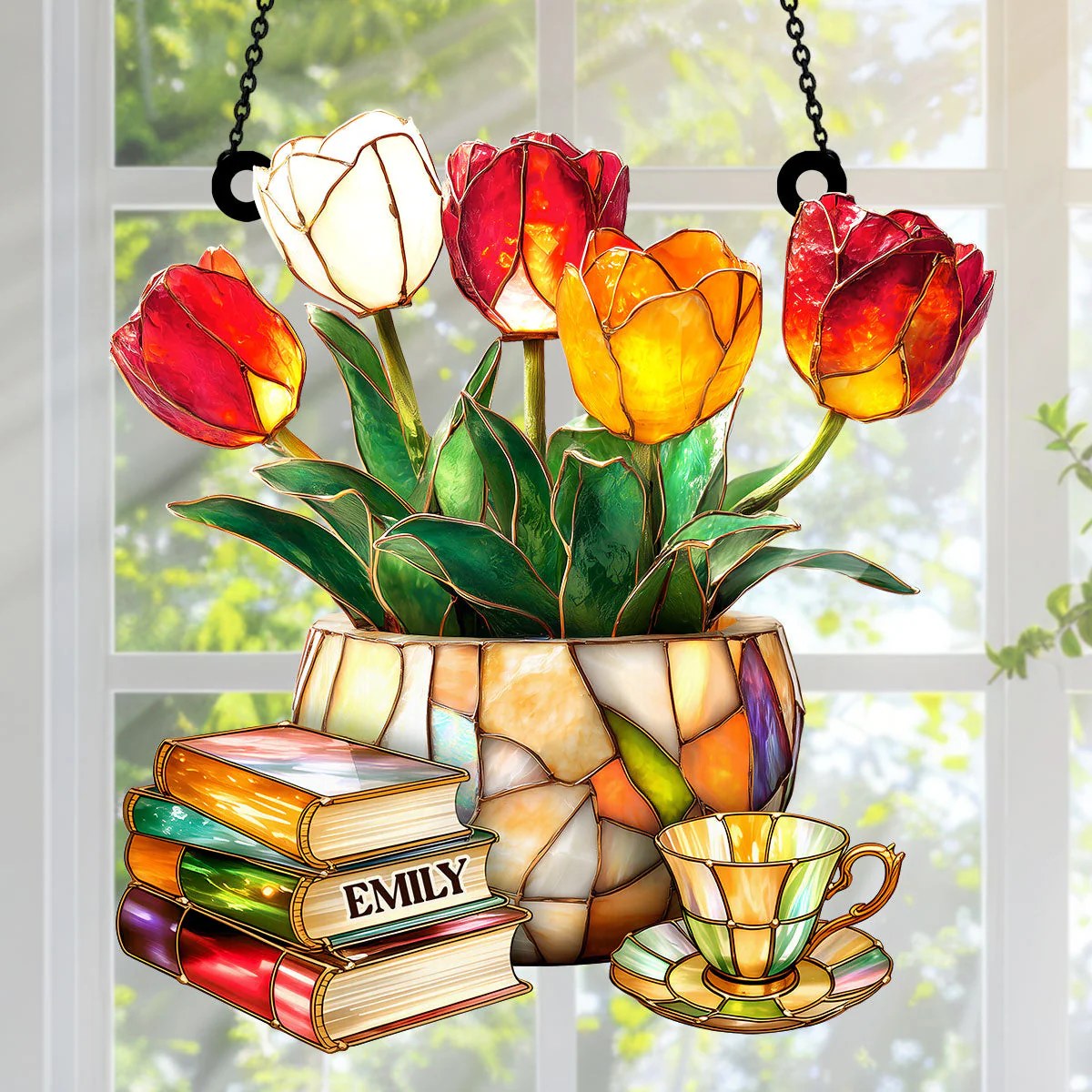 Nostalgic Tulips, Books, And Tea - Personalized Window Hanging Suncatcher - Image 2
