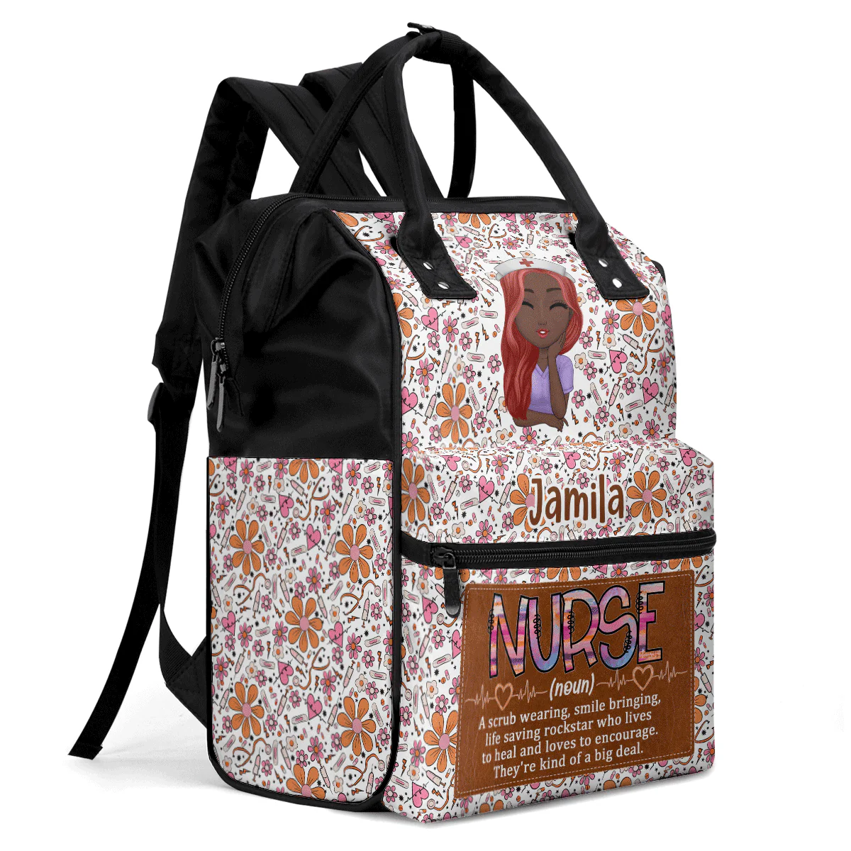 Nurse Definition & Cute Floral - Personalized Duckbilled Backpack - Gift For African American Nurse HH01 - Image 5