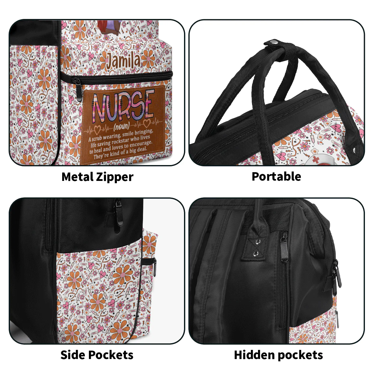 Nurse Definition & Cute Floral - Personalized Duckbilled Backpack - Gift For African American Nurse HH01 - Image 6