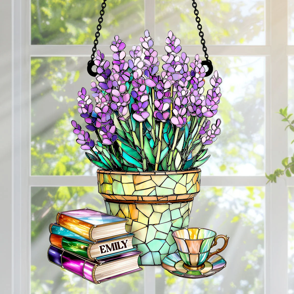 Nostalgic Lavenders, Books, And Tea - Personalized Window Hanging Suncatcher