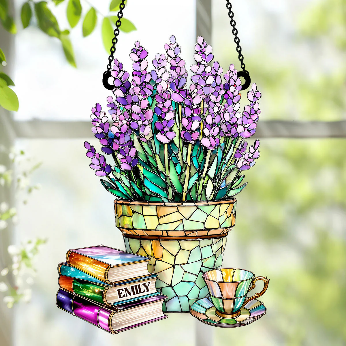 Nostalgic Lavenders, Books, And Tea - Personalized Window Hanging Suncatcher - Image 4