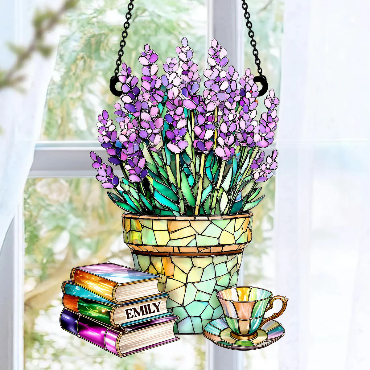 Nostalgic Lavenders, Books, And Tea - Personalized Window Hanging Suncatcher - Image 6