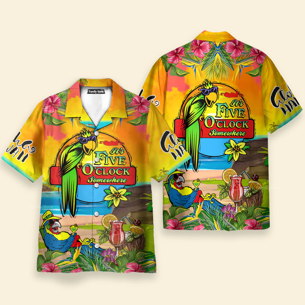 Parrot Tropical Flower It's 5 O'clock Somewhere Yellow Aloha Hawaiian Shirts - Image 4