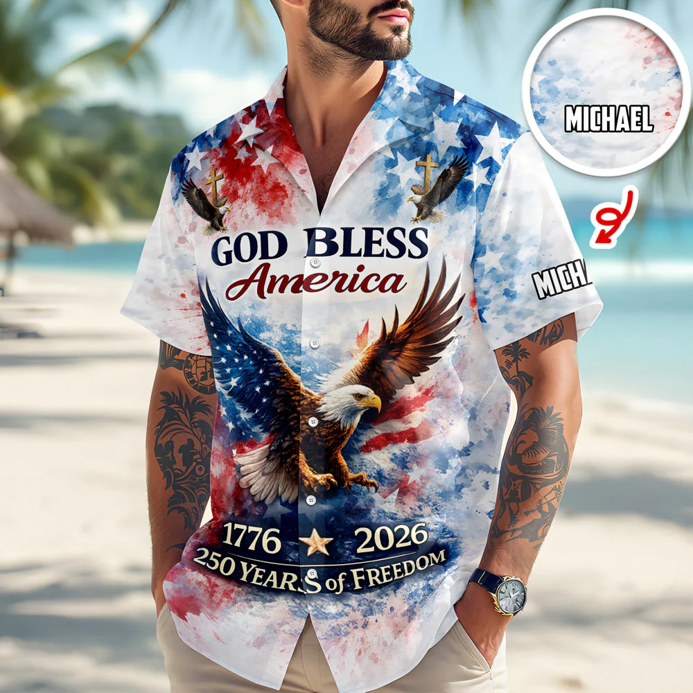 Patriotic 250th Anniversary God Bless America Eagle - Personalized Hawaiian Shirt - Gift for Dad, Husband, Grandpa HN02 - Image 2