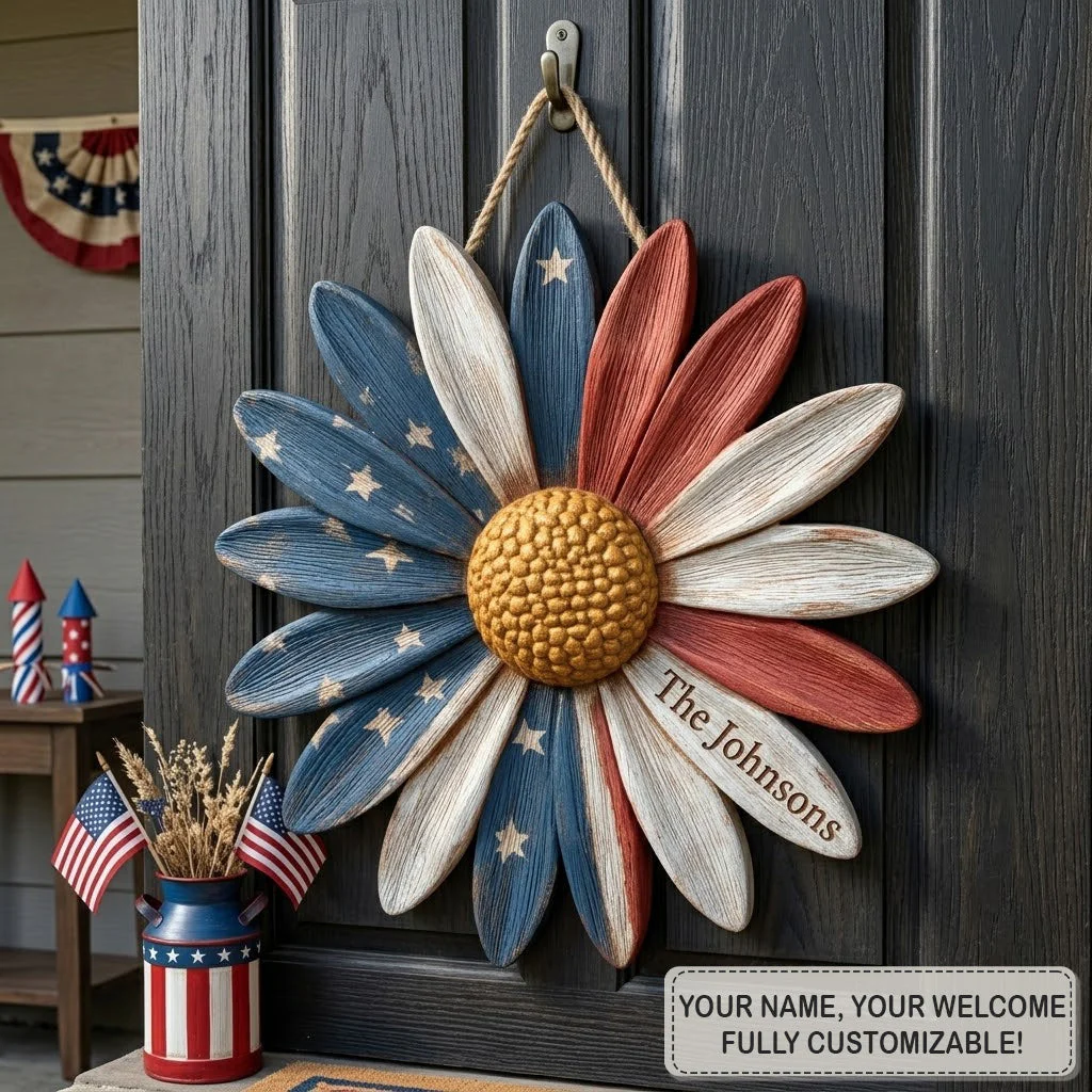 Patriotic Daisy Bloom - Personalized Custom Door Sign - 250th Anniversary Gifts For Mom, Dad, Brother, Sister, Kids - Family Forever United