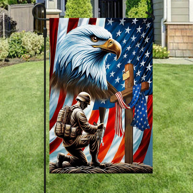 Patriotic Eagle Veteran Kneeling Soldier Christ Cross Memorial Flag - Gift For Patriotic, Veteran | HN02