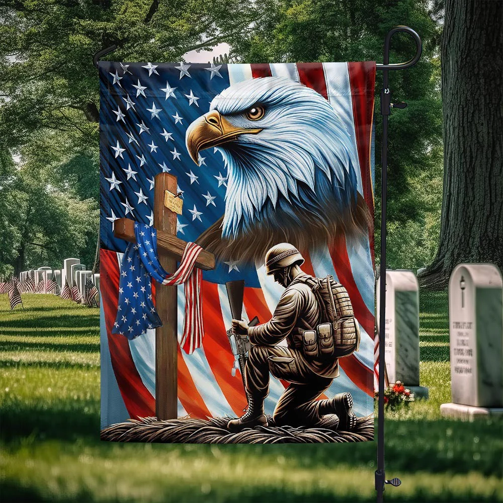 Patriotic Eagle Veteran Kneeling Soldier Christ Cross Memorial Flag - Gift For Patriotic, Veteran | HN02 - Image 2