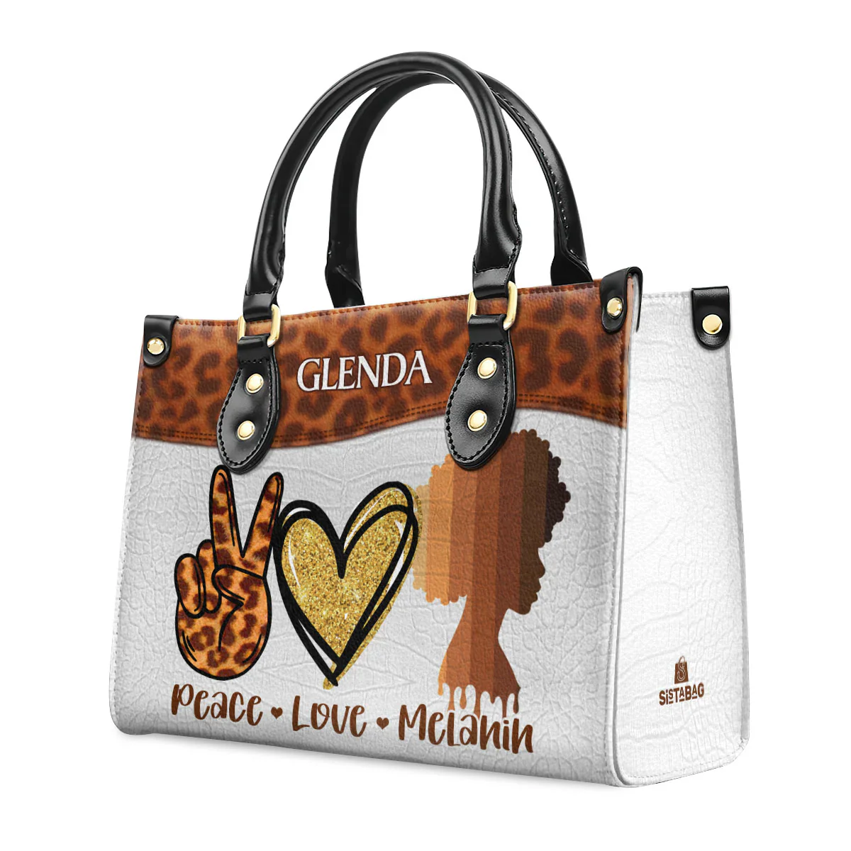 Peace Love Melanin Leopard & Glitter Tote - Personalized Leather Handbag - Gift for Black Women | HD95 - Image 2