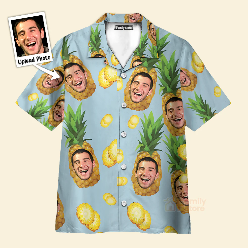Custom Face Blue Funny Pineapple Aloha -  Personalized Hawaiian Shirt - Image 3