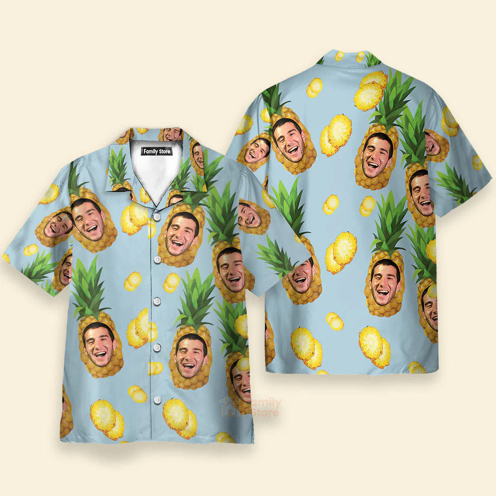Custom Face Blue Funny Pineapple Aloha -  Personalized Hawaiian Shirt - Image 4