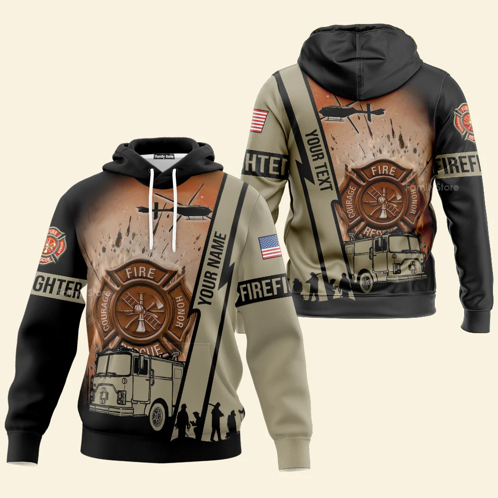 Personalized Text Firefighter US Flag All Over Print Hoodie For Men & Women - Image 2