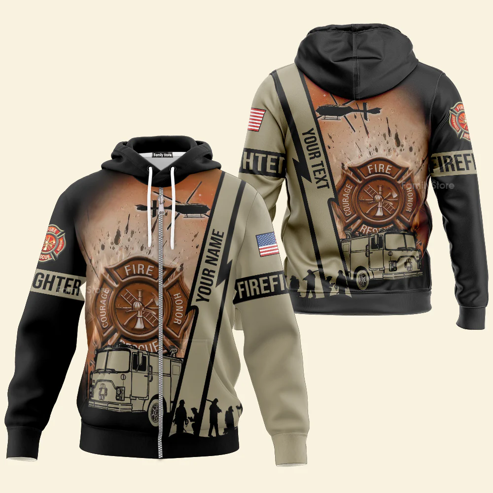 Personalized Text Firefighter US Flag All Over Print Hoodie For Men & Women - Image 3