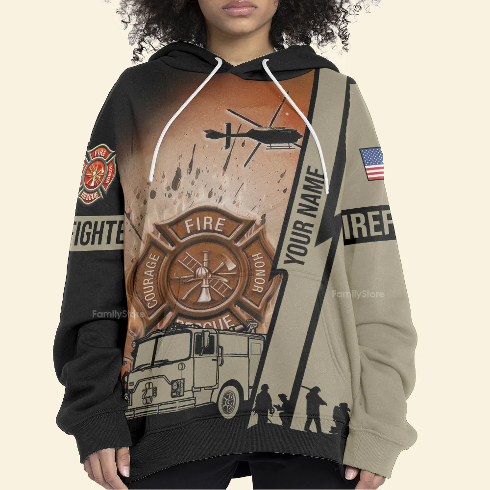Personalized Text Firefighter US Flag All Over Print Hoodie For Men & Women - Image 5