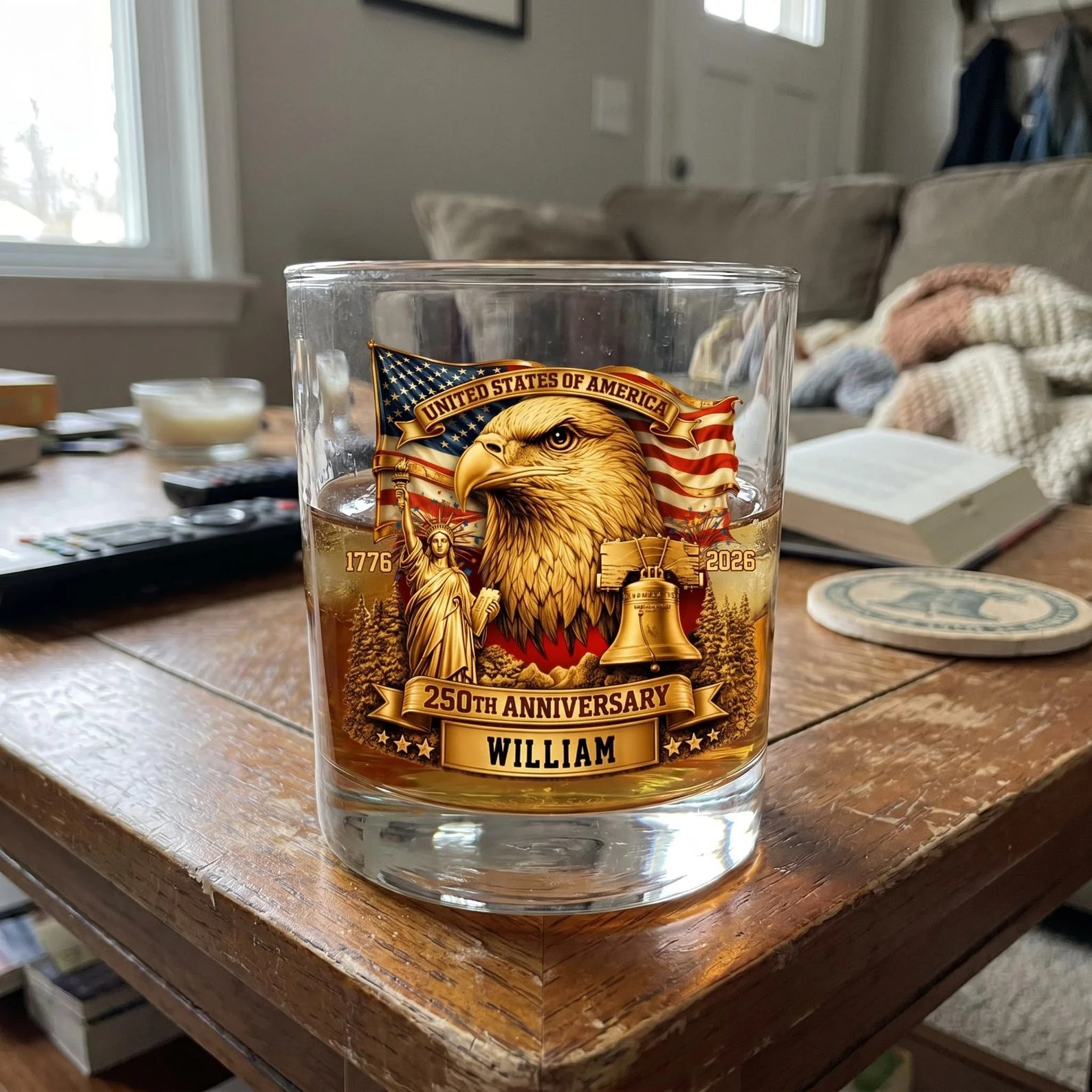 Personalized USA 250th Anniversary - Whiskey Glass, Patriotic Eagle Drinkware