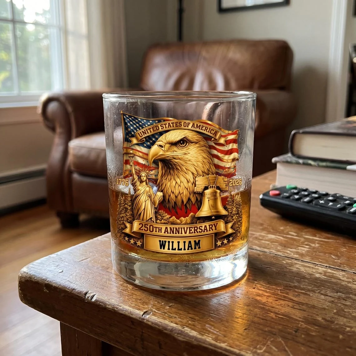 Personalized USA 250th Anniversary - Whiskey Glass, Patriotic Eagle Drinkware - Image 2