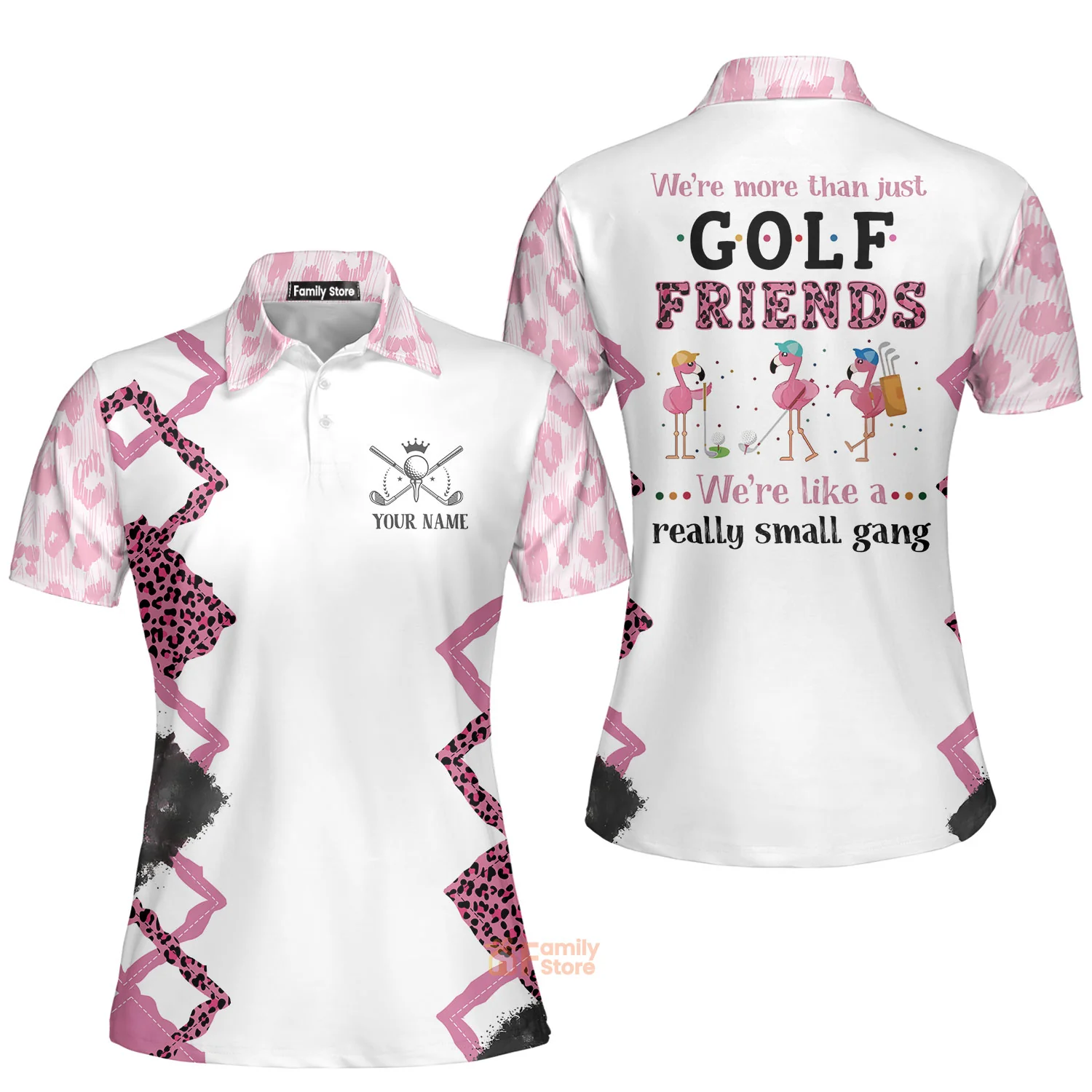 Personalized Womens We're More Than Just Golf Friends Flamingo Leopard Polo Shirt - Image 3