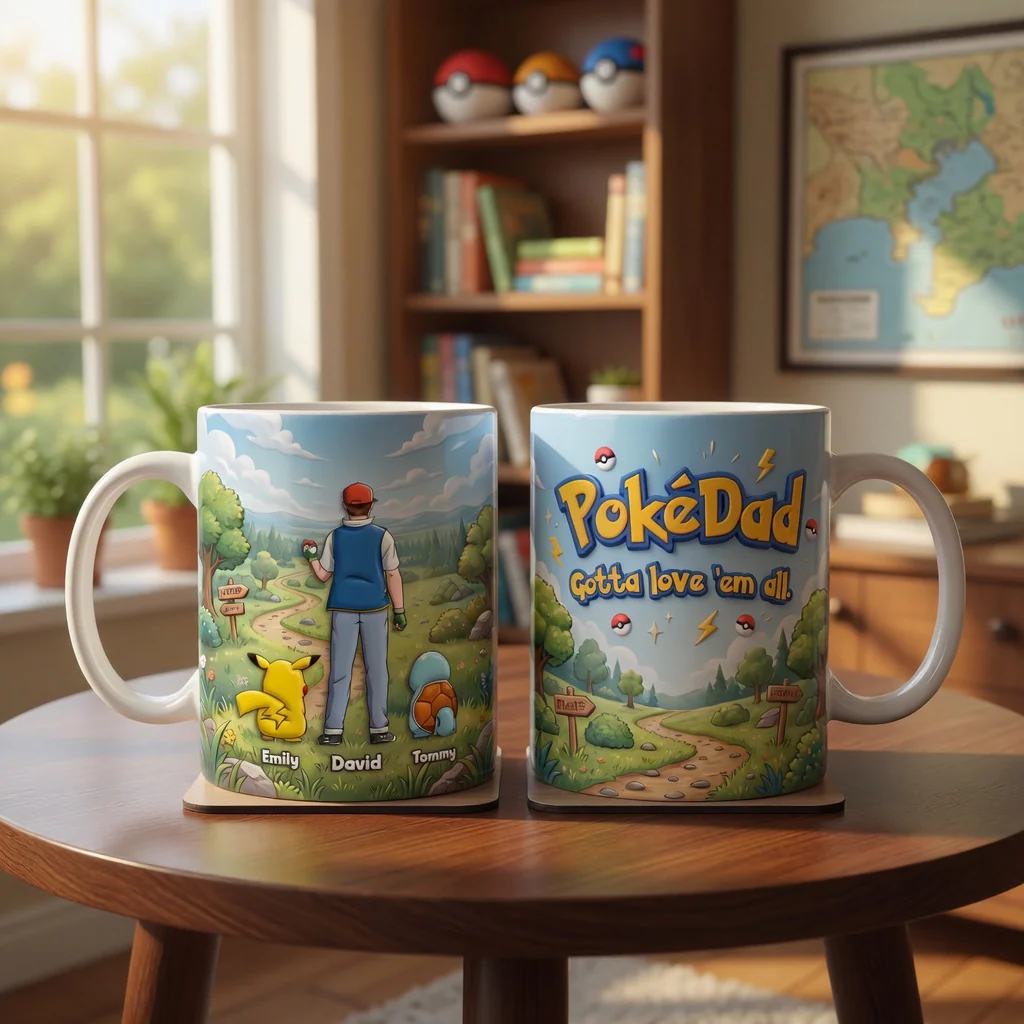 PokeDad Gotta Love 'Em Alll - Personalized White Mug - Gift For Dad - Image 2